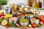 مجموعة من المعلبات الغذائية المفتوحة على سطح مطبخ منزلي مع مكونات طازجة