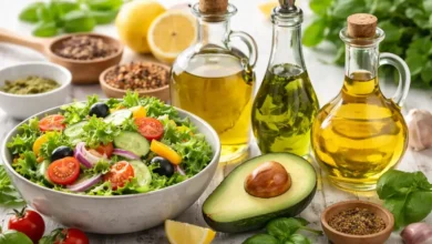سلطة خضار طازجة مع زيوت مخصصة للاستخدام في السلطات