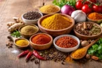 بهارات متنوعة مستخدمة في الطبخ السعودي اليومي موضوعة في أوعية على سطح خشبي