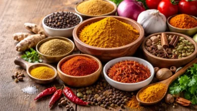 بهارات متنوعة مستخدمة في الطبخ السعودي اليومي موضوعة في أوعية على سطح خشبي