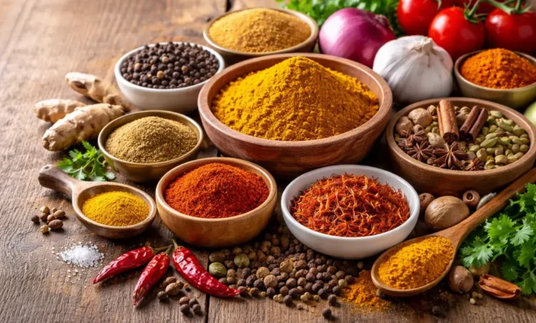 بهارات متنوعة مستخدمة في الطبخ السعودي اليومي موضوعة في أوعية على سطح خشبي
