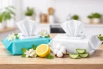 عبوتان من المناديل المعطرة وغير المعطرة موضوعة على سطح خشبي داخل منزل