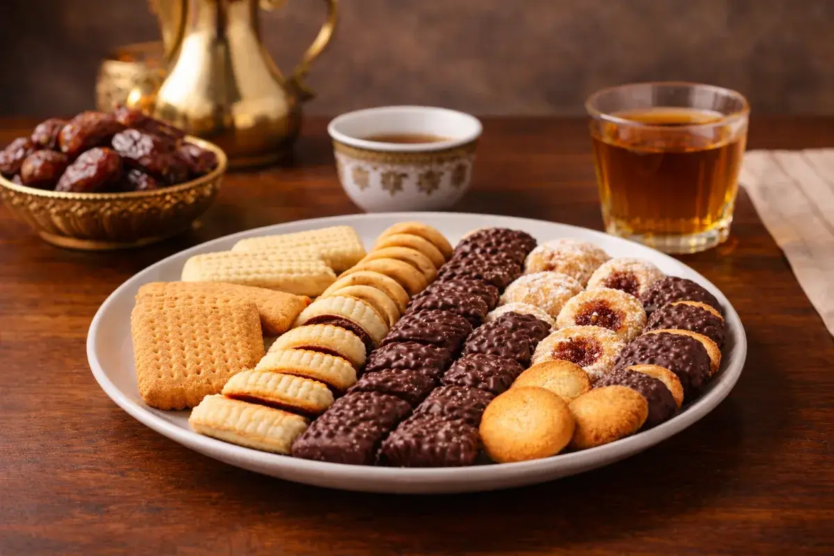 تقديم بسكويت الضيافة مع القهوة العربية والشاي على طاولة منزلية