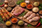 بهارات متنوعة مع لحم ودجاج طازج على طاولة تحضير للطهي المنزلي