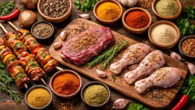 بهارات متنوعة مع لحم ودجاج طازج على طاولة تحضير للطهي المنزلي