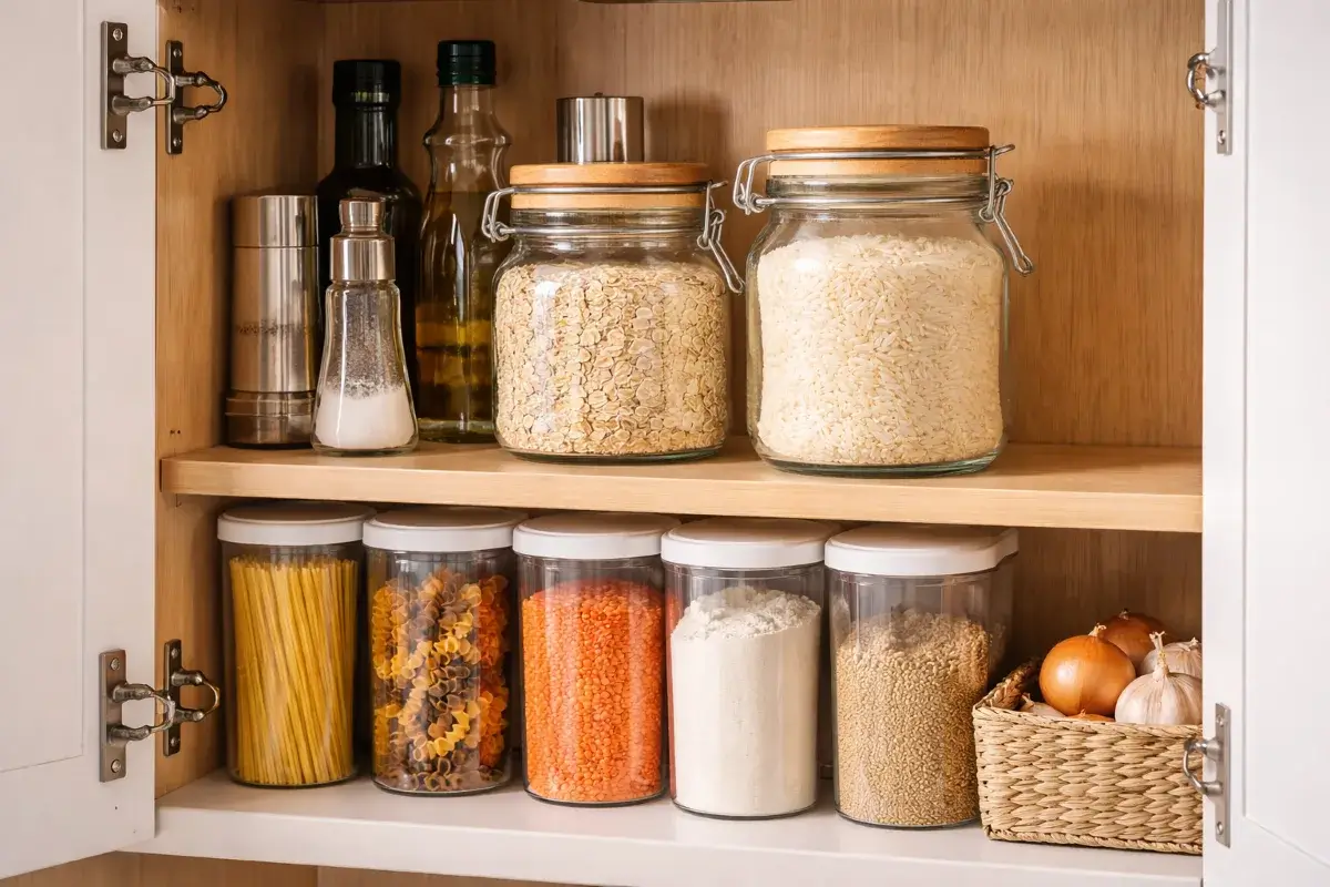 تخزين الأرز داخل خزانة مطبخ بعيدة عن الحرارة والرطوبة