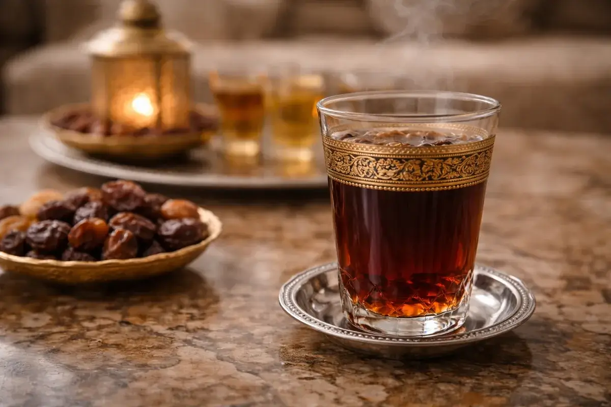 شاي داكن وقوي التقديم في ضيافة رسمية داخل مجلس