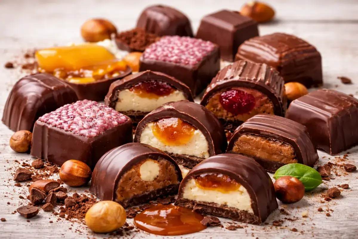 قطع شوكولاتة محشوة مقطوعة من المنتصف تظهر الحشوة الداخلية