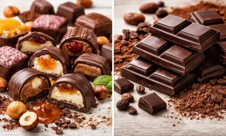 مقارنة بصرية بين الشوكولاتة المحشوة والشوكولاتة السادة من حيث الشكل والقوام