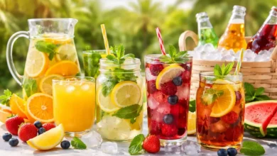 مشروبات صيفية منعشة متنوعة للعائلة في أجواء حارة مع فواكه طازجة وثلج