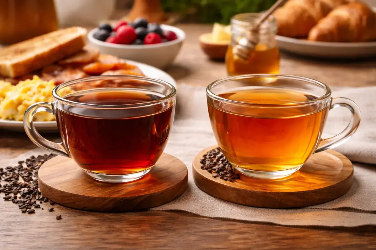 مقارنة بصرية بين لون الشاي الداكن والفاتح في كوبين زجاجيين