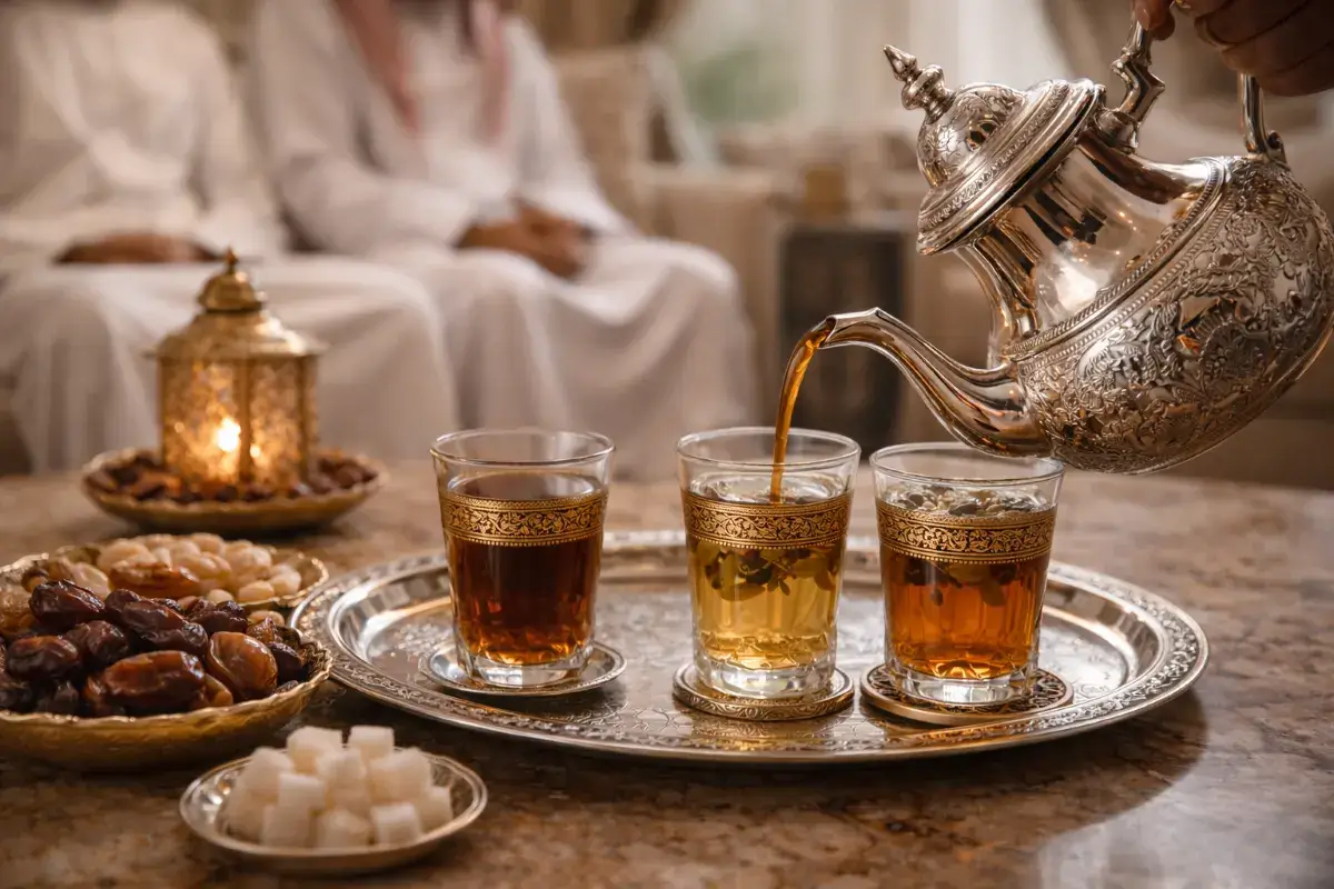 تقديم الشاي في مجلس سعودي رسمي مع إبريق تقليدي وأكواب زجاجية