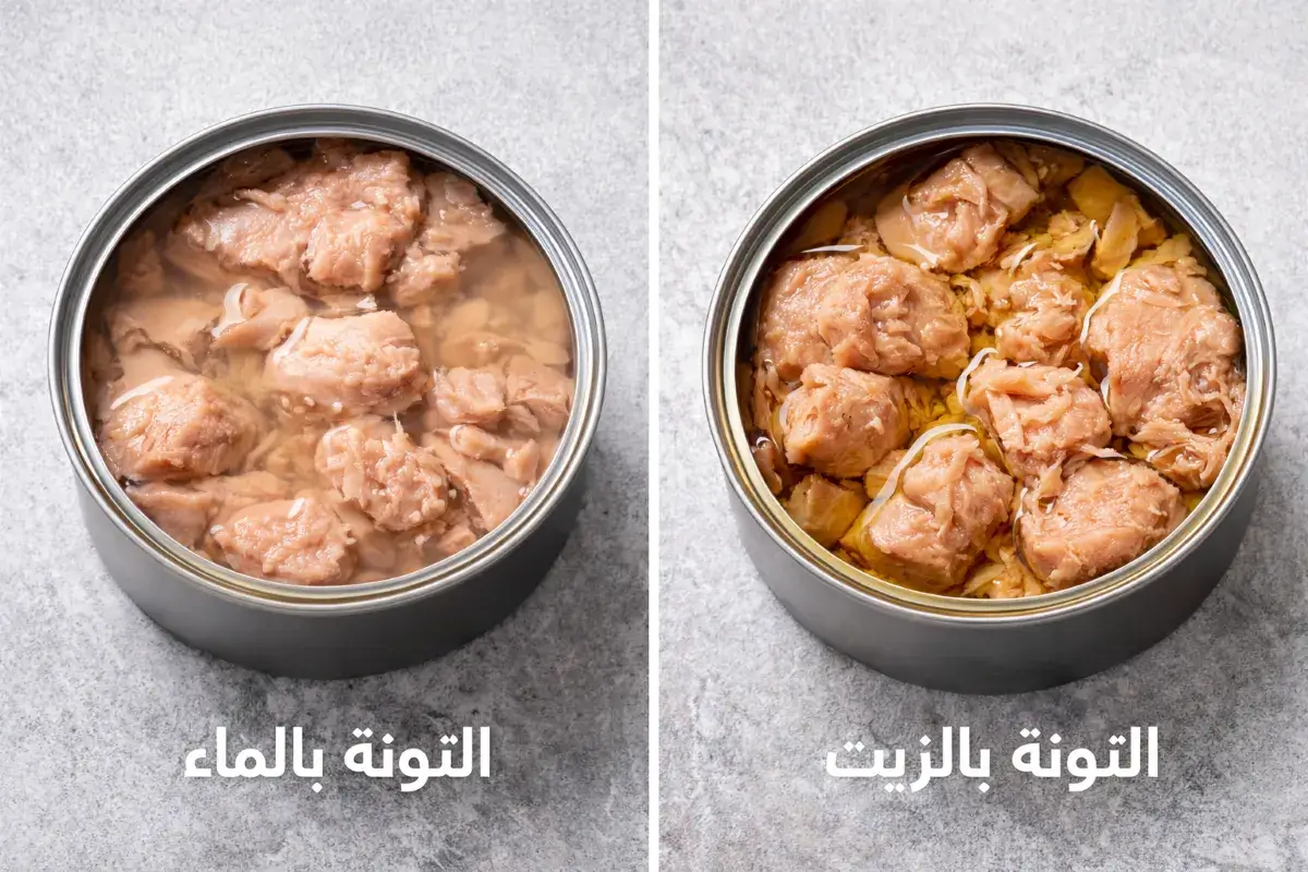 مقارنة بين تونة محفوظة بالماء وتونة محفوظة بالزيت داخل علب مفتوحة
