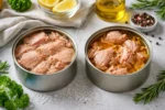 علبتان تونة مفتوحتان إحداهما محفوظة في الماء والأخرى محفوظة في الزيت على سطح مطبخ فاتح