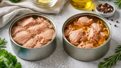 علبتان تونة مفتوحتان إحداهما محفوظة في الماء والأخرى محفوظة في الزيت على سطح مطبخ فاتح