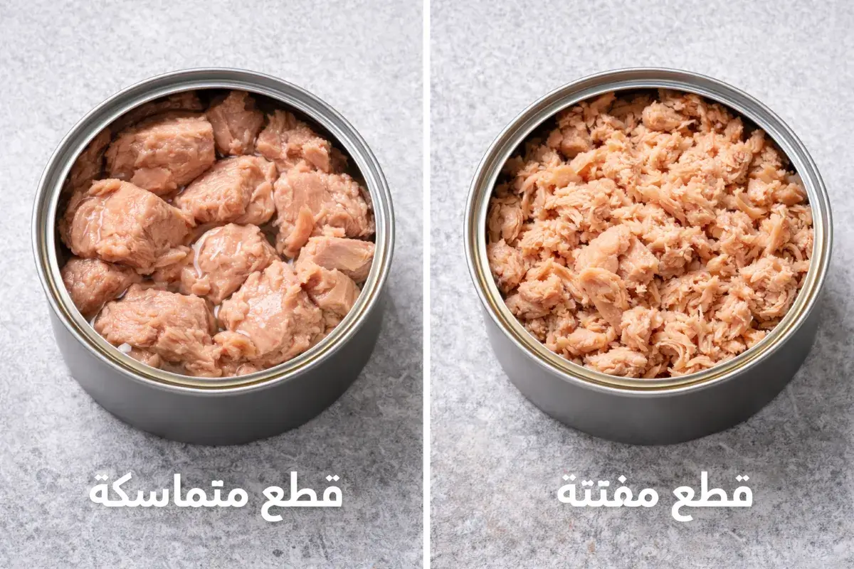 مقارنة بين تونة قطع متماسكة وتونة قطع مفتتة داخل علب مفتوحة