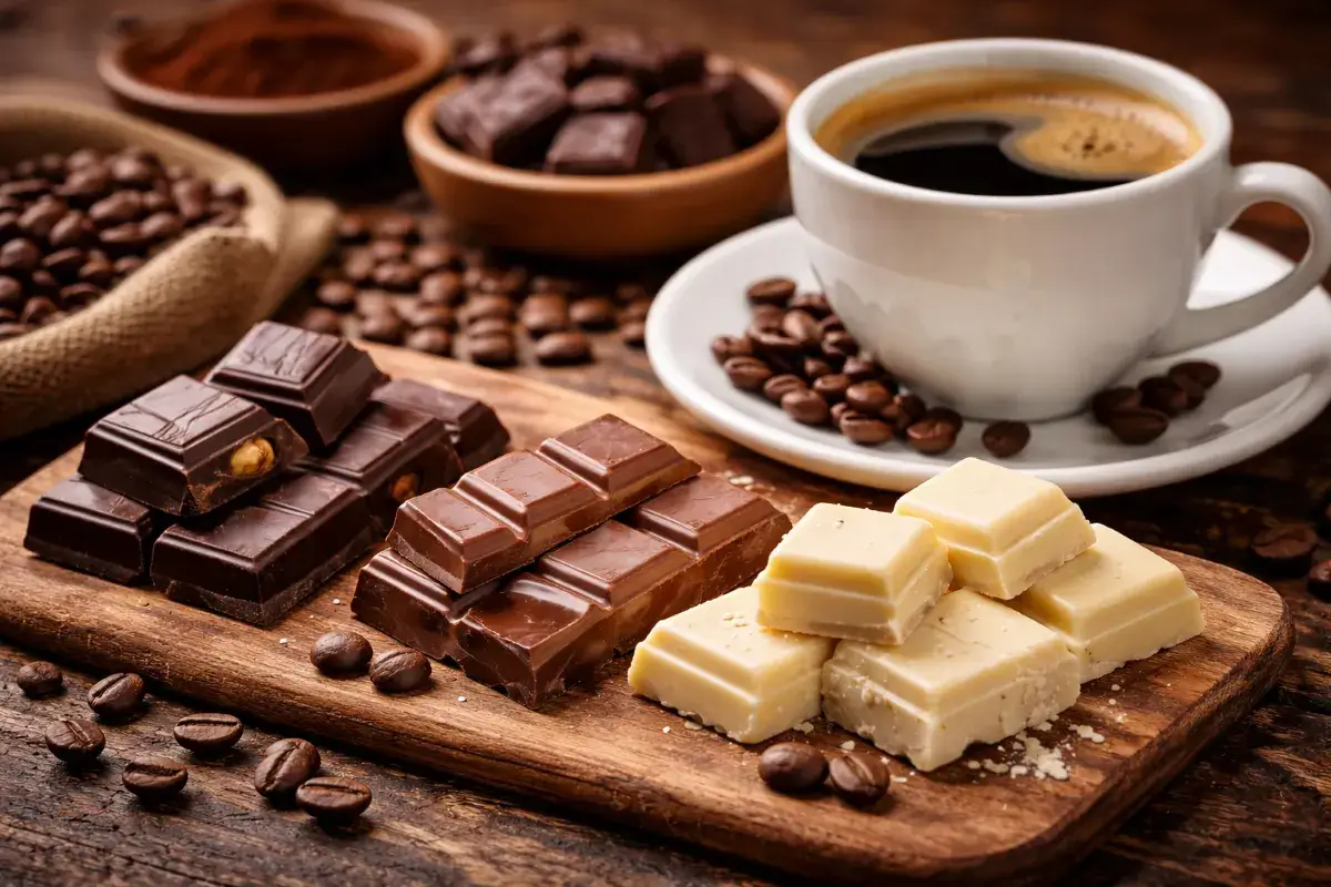 أنواع مختلفة من الشوكولاتة بجانب فنجان قهوة لتوضيح اختلاف التوافق مع القهوة