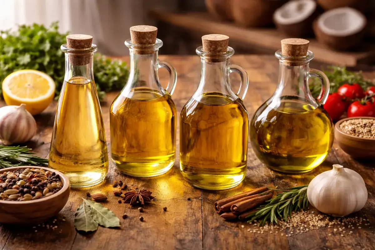 أنواع مختلفة من زيوت الطبخ في أوعية زجاجية مع مكونات مطبخ