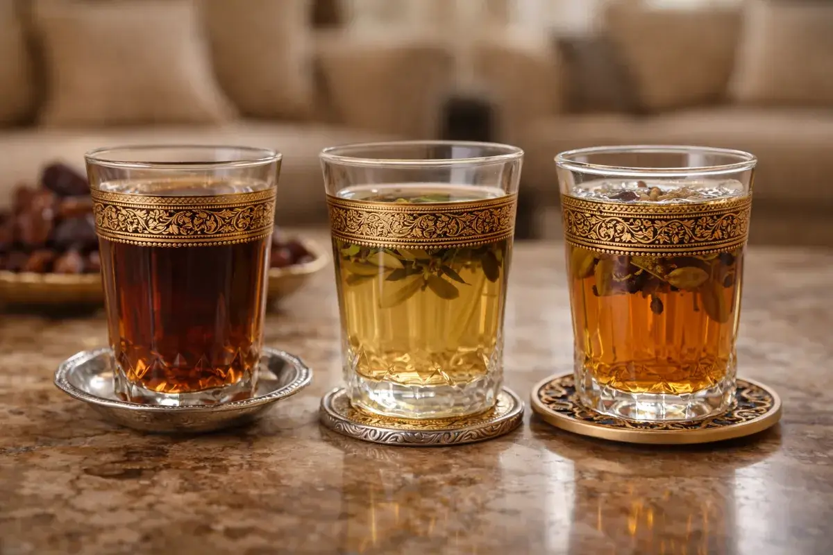أنواع مختلفة من الشاي مقدمة في ضيافة رسمية سعودية بأكواب زجاجية