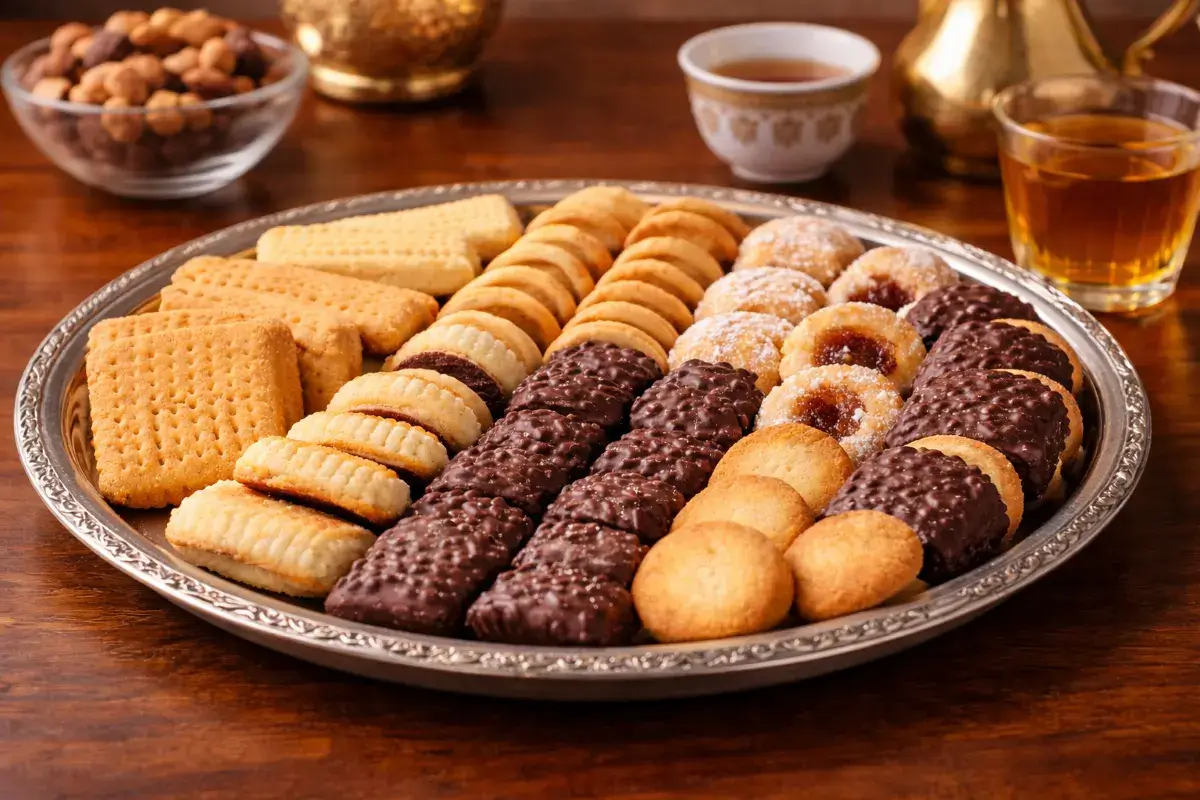 أنواع مختلفة من بسكويت الضيافة مرتبة على طبق واحد