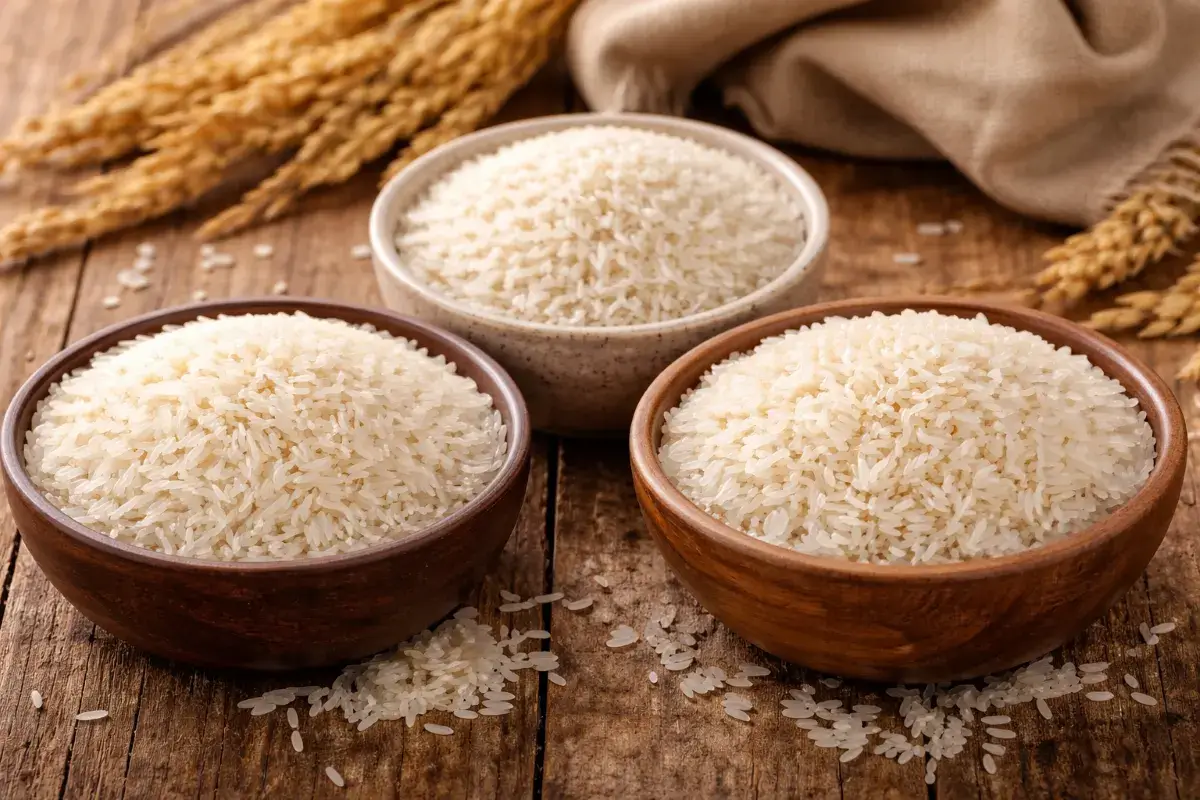 أنواع مختلفة من الأرز الأبيض غير المطبوخ في أوعية على سطح خشبي