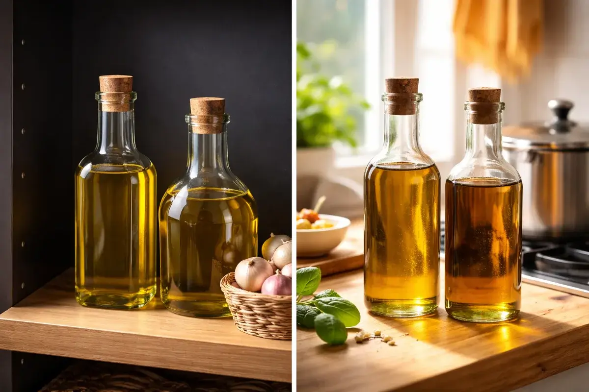 عبوات زيت نباتي محفوظة في أماكن مختلفة داخل المطبخ وتأثير الضوء والحرارة