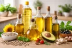 زيوت نباتية مختلفة موضوعة على طاولة مطبخ للاستخدام اليومي في الطهي