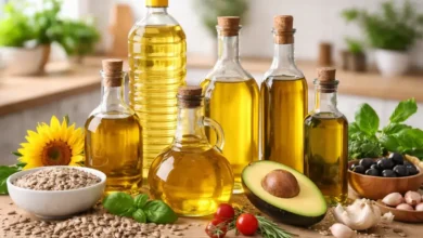 زيوت نباتية مختلفة موضوعة على طاولة مطبخ للاستخدام اليومي في الطهي