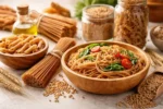 طبق مكرونة قمح كامل مطهية مع مكونات طبيعية على طاولة مطبخ