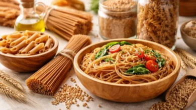 طبق مكرونة قمح كامل مطهية مع مكونات طبيعية على طاولة مطبخ