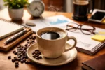 كوب قهوة على مكتب عمل يعكس أجواء الدوام والتركيز اليومي