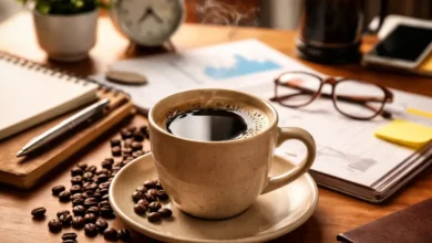 كوب قهوة على مكتب عمل يعكس أجواء الدوام والتركيز اليومي