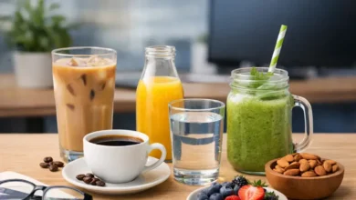 مشروبات مناسبة للدوام تشمل قهوة وعصير طبيعي وسموثي وماء على مكتب عمل بدون سكر مضاف