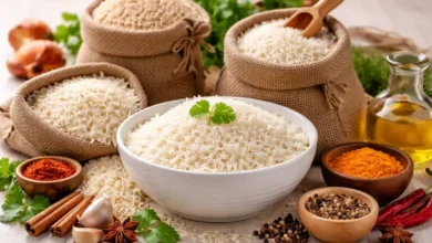 أرز بسمتي أبيض بحبوب طويلة مع مكونات طبخ على طاولة مطبخ