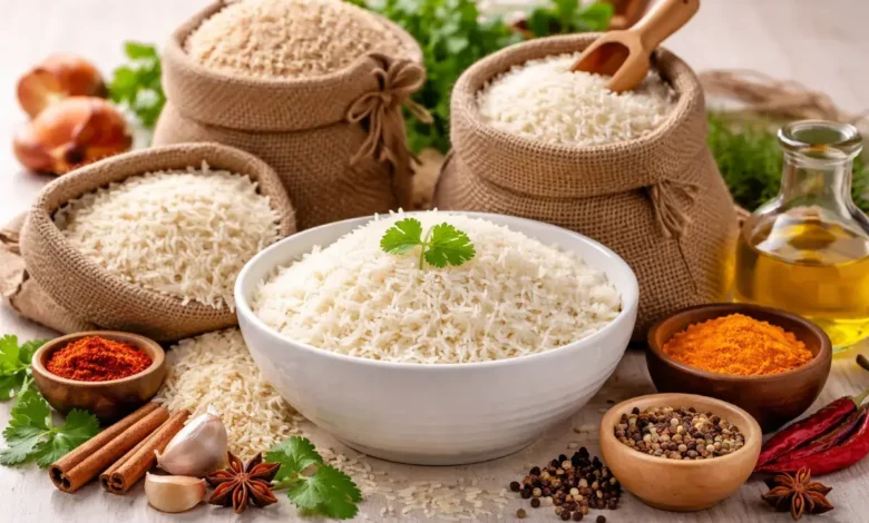 أرز بسمتي أبيض بحبوب طويلة مع مكونات طبخ على طاولة مطبخ