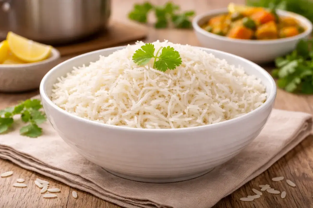 أرز بسمتي مطبوخ بحبات مفصولة في طبق منزلي بسيط