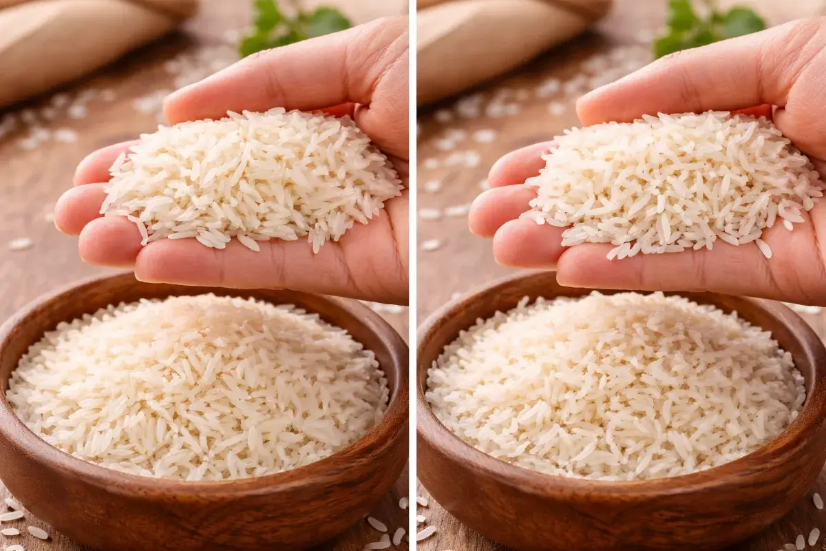 مقارنة بين حبوب أرز بسمتي سليمة وأخرى مكسورة لإبراز فرق الجودة